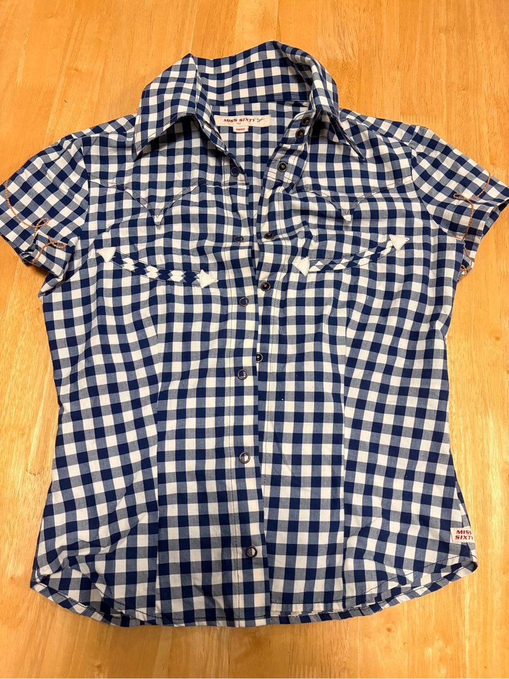Miss Sixty Navy and White Gingham Short-Sleeve Button-Down Shirt